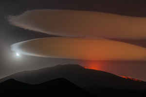 Moon Aldebaran Conjunction  and Lenticular Cloud Over Mount Etna Eruption Unesco World Heritage Site