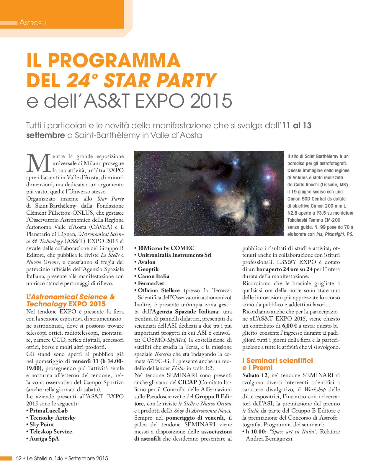 IL PROGRAMMA DEL 24° STAR PARTY e dell’AS&T EXPO 2015
