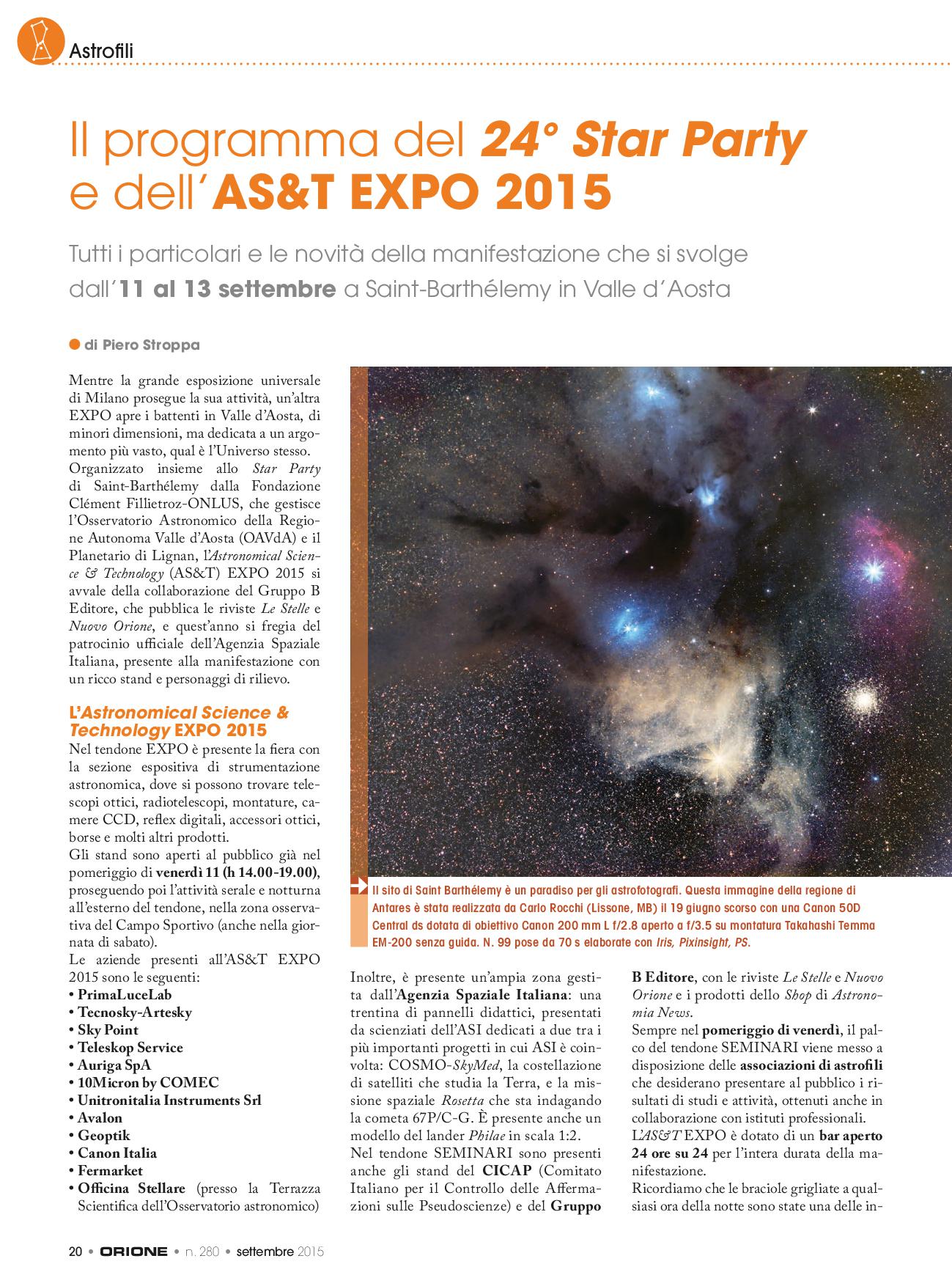Astrofili: Il programma del 24° Star Party e dell’AS&T EXPO 2015